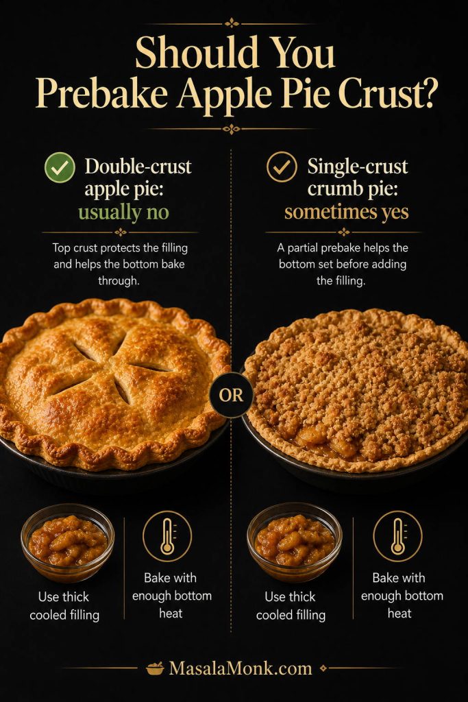 Decision board explaining that double-crust apple pie usually does not need prebaking, while single-crust crumb pie sometimes does.