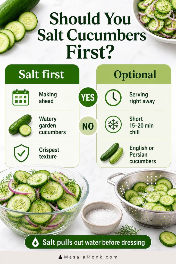 Salt-or-skip guide showing when to salt cucumbers first and when salting is optional.