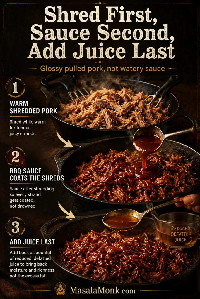 Three-step pulled pork guide showing shredded pork, barbecue sauce added second, and a small amount of cooking juice added last.