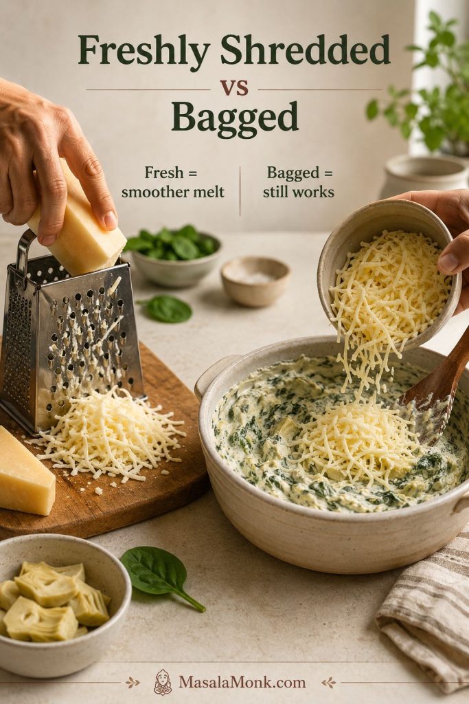 Freshly shredded cheese and bagged shredded cheese compared for use in spinach artichoke dip.