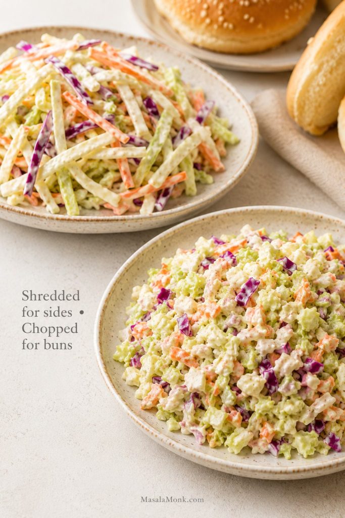 Long shredded coleslaw beside finer chopped coleslaw for comparing side-dish and sandwich textures.
