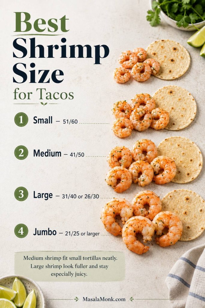 Shrimp size guide for tacos showing small, medium, large, and jumbo shrimp with count ranges