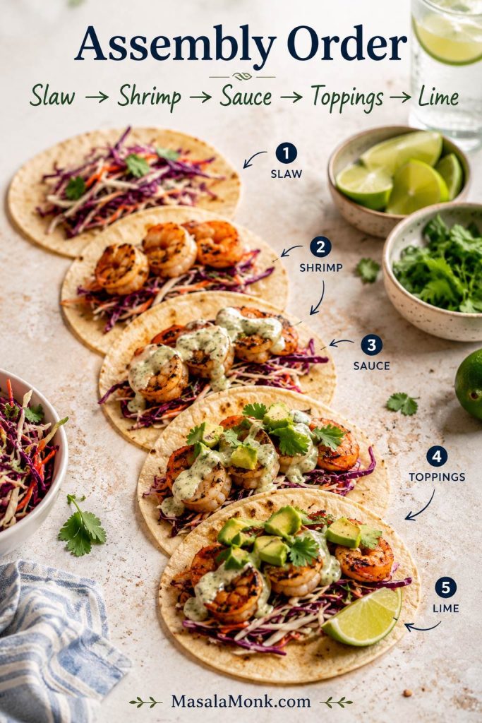 Shrimp taco assembly guide showing slaw, shrimp, sauce, toppings, and lime added in order