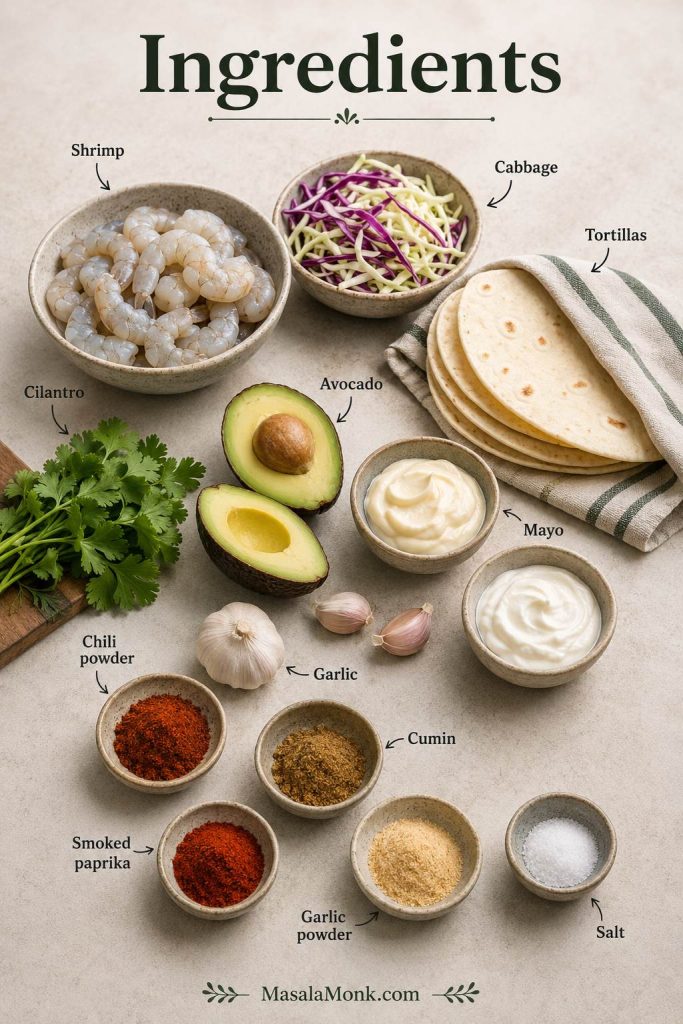 Shrimp taco ingredients including raw shrimp, cabbage, tortillas, limes, cilantro, avocado, spices, yogurt, and mayonnaise