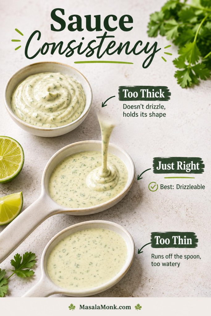 Sauce consistency guide showing thick, drizzleable, and thin cilantro lime sauce for shrimp tacos