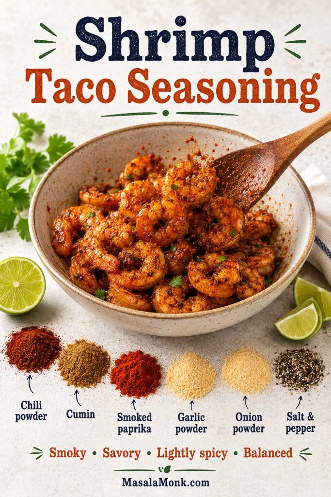 Shrimp being coated with taco seasoning made from chili powder, cumin, smoked paprika, garlic, onion, salt, and pepper