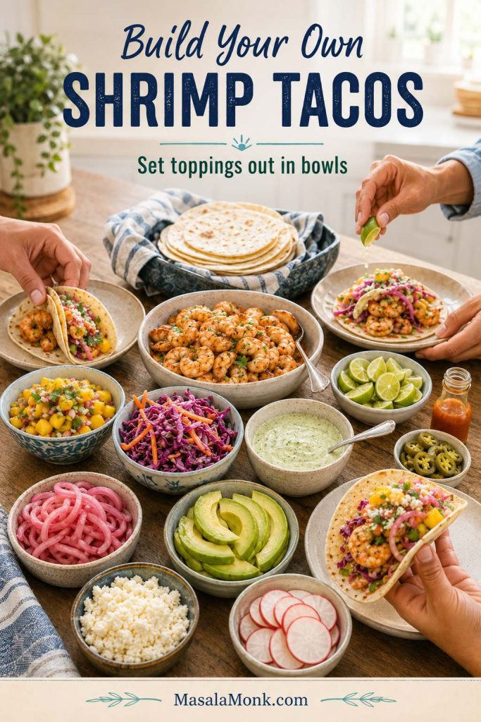 Build-your-own shrimp taco table with cooked shrimp, tortillas, slaw, sauce, avocado, lime, cheese, radishes, and pickled onions