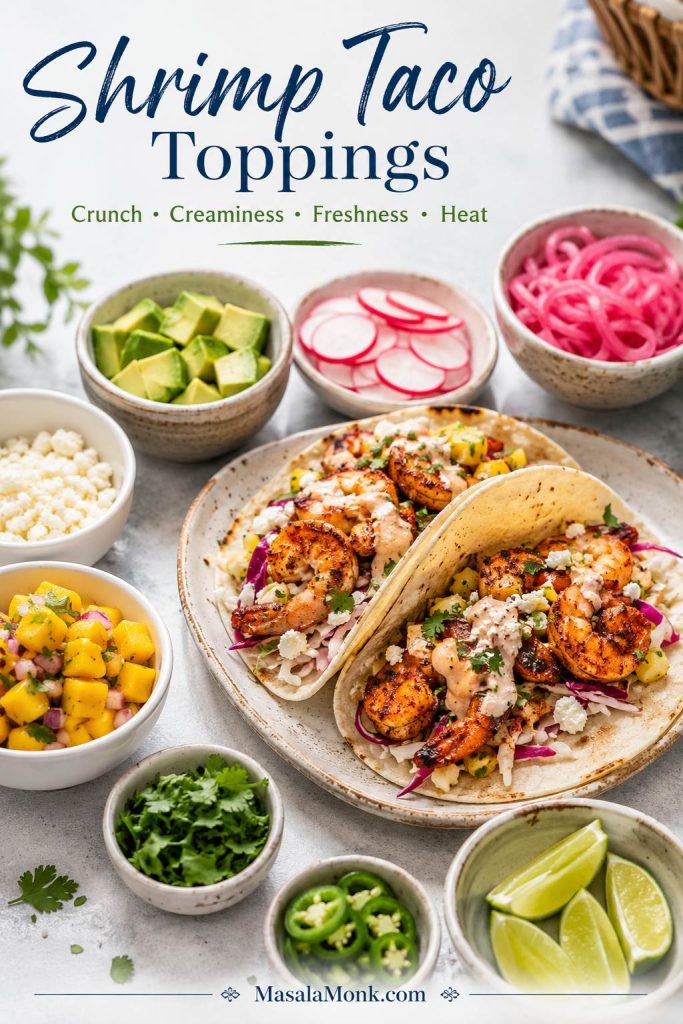 Shrimp taco toppings including avocado, radishes, pickled onions, cotija, mango salsa, cilantro, jalapeños, and lime