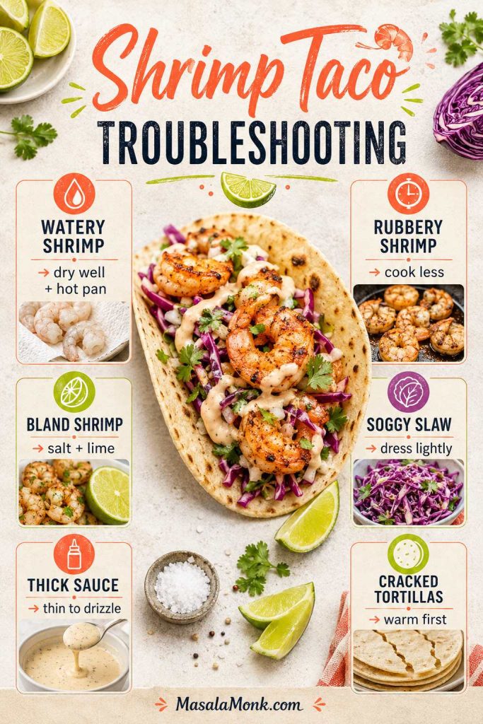 Shrimp taco troubleshooting guide with fixes for watery shrimp, rubbery shrimp, bland shrimp, soggy slaw, thick sauce, and cracked tortillas