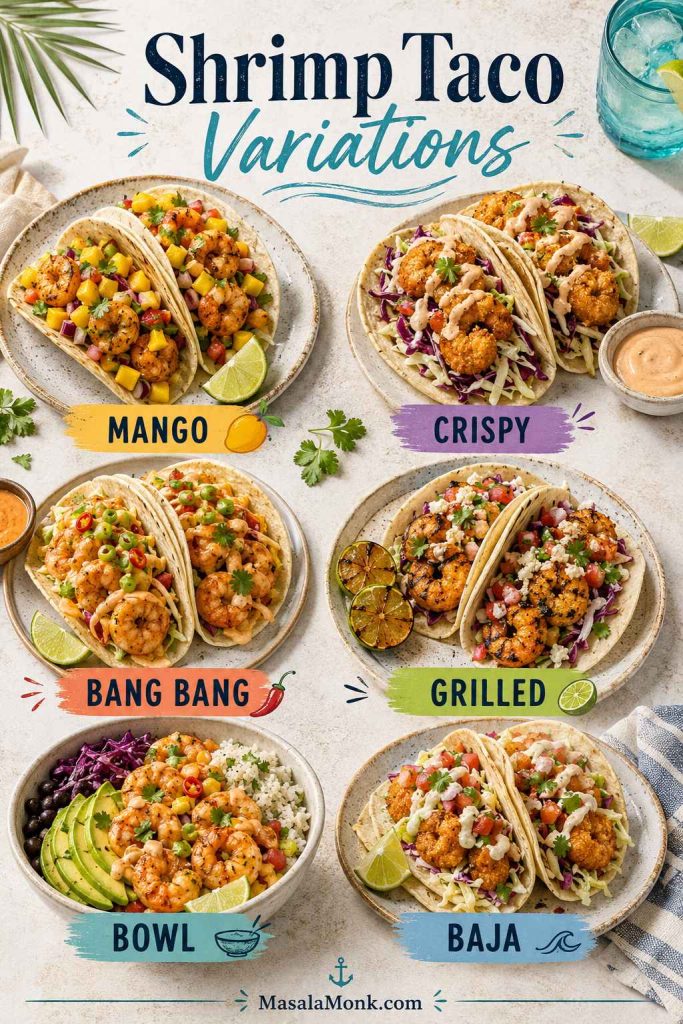 Shrimp taco variations board showing mango, crispy, bang bang, grilled, bowl, and Baja-style options