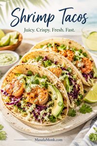 Shrimp tacos filled with cabbage slaw, creamy cilantro lime sauce, avocado, cilantro, and lime wedges