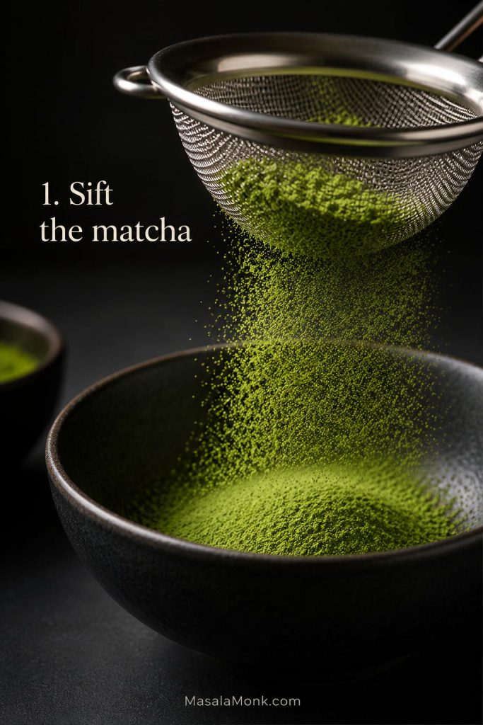 Matcha powder being sifted through a fine mesh strainer into a dark bowl.