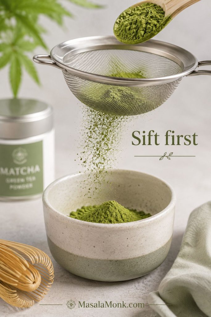 Matcha powder falling through a fine mesh sieve into a bowl
