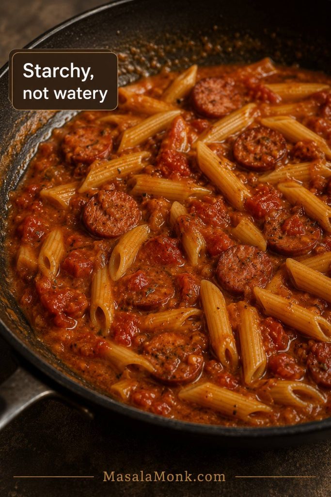Kielbasa pasta simmering in a tomato-broth base with the text Starchy, not watery.