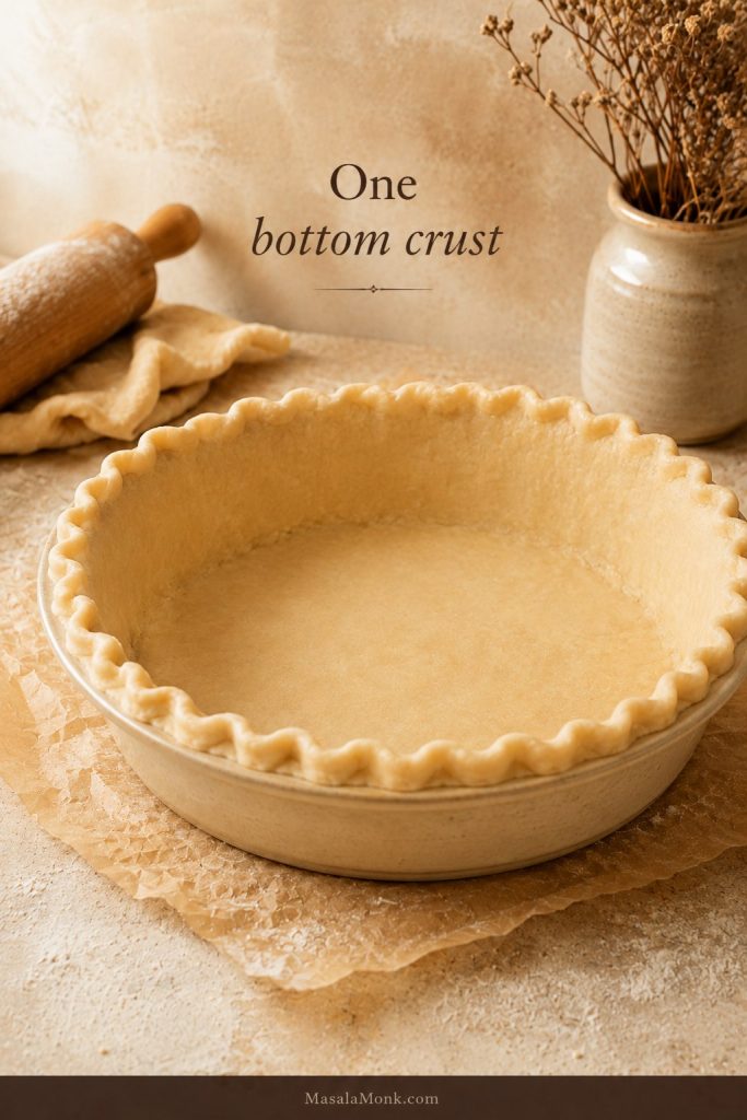 Single unbaked bottom pie crust in a deep-dish pie plate with crimped edges.