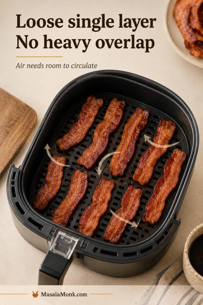 Bacon arranged in a loose single layer inside an air fryer basket with no heavy overlap.