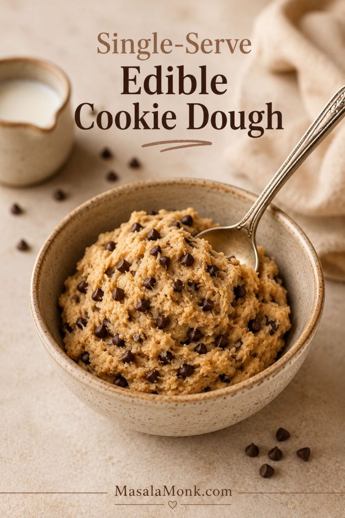 Single-serve edible cookie dough in a small bowl with mini chocolate chips and a spoon.