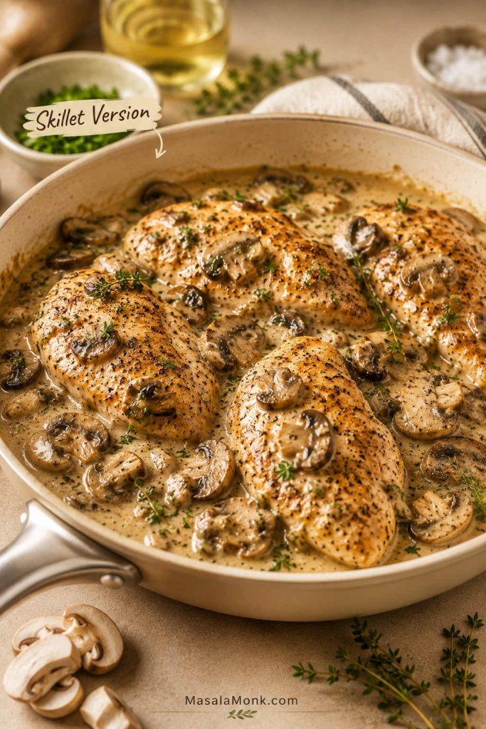 Skillet cream of mushroom chicken with seared chicken, browned mushrooms, creamy sauce, black pepper, and herbs.