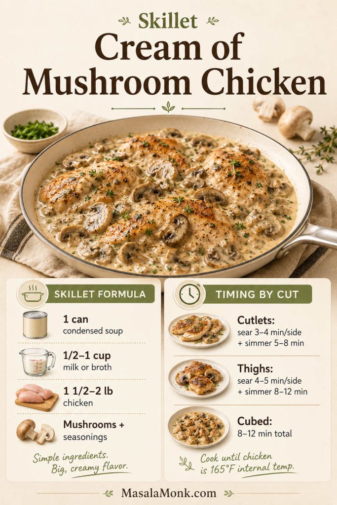 Skillet formula and timing guide for cream of mushroom chicken with cutlets, thighs, and cubed chicken.