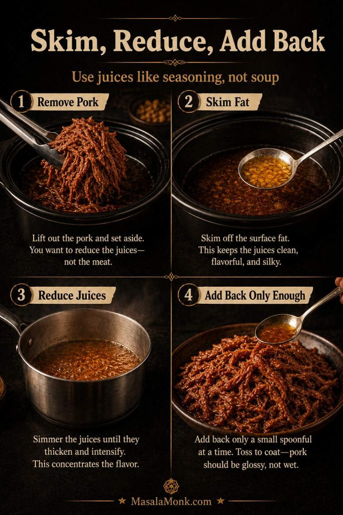 Four-step pulled pork juice guide showing remove pork, skim fat, reduce juices, and add back only enough juice to coat the meat.