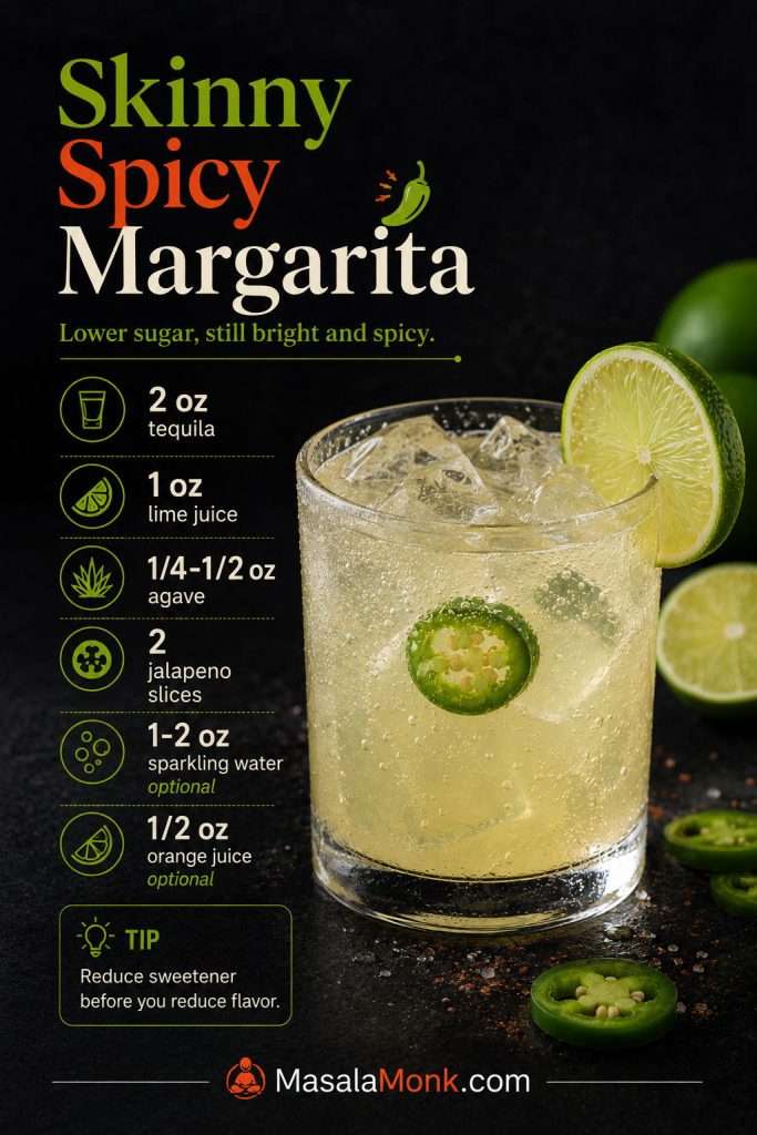 Skinny spicy margarita board with tequila, lime juice, reduced agave, jalapeño slices, optional sparkling water, and optional orange juice.