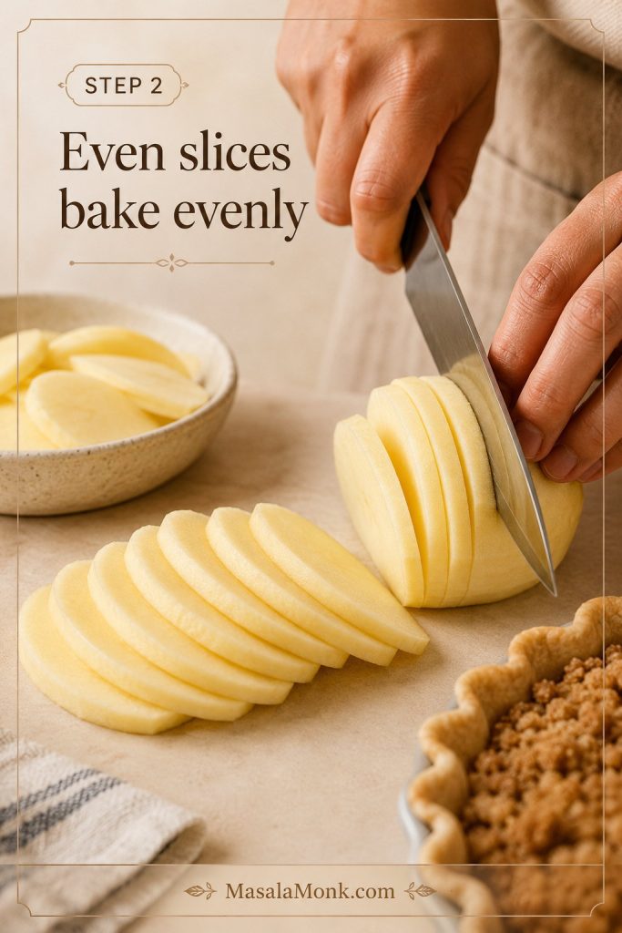 Peeled apples being sliced evenly with a knife for Dutch apple pie filling.