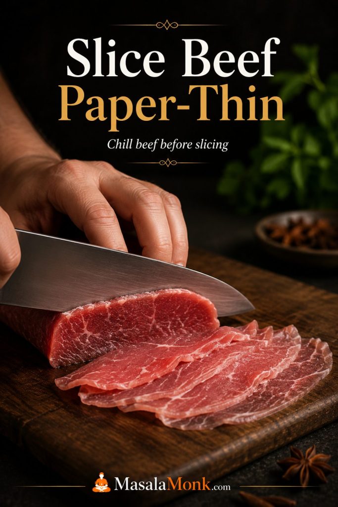 Chilled raw beef being sliced very thin with a chef’s knife for pho topping.