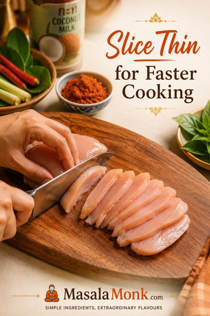 Hand slicing raw chicken into thin strips on a cutting board for Panang curry, with herbs and curry ingredients nearby.