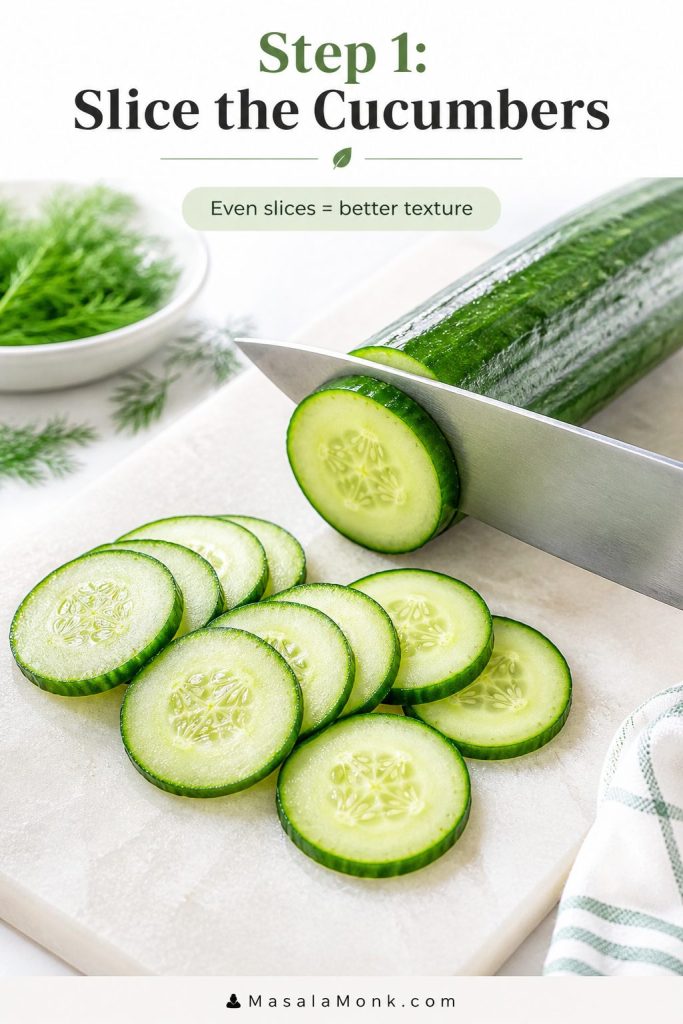 Thin cucumber rounds being sliced evenly on a clean surface for cucumber salad.