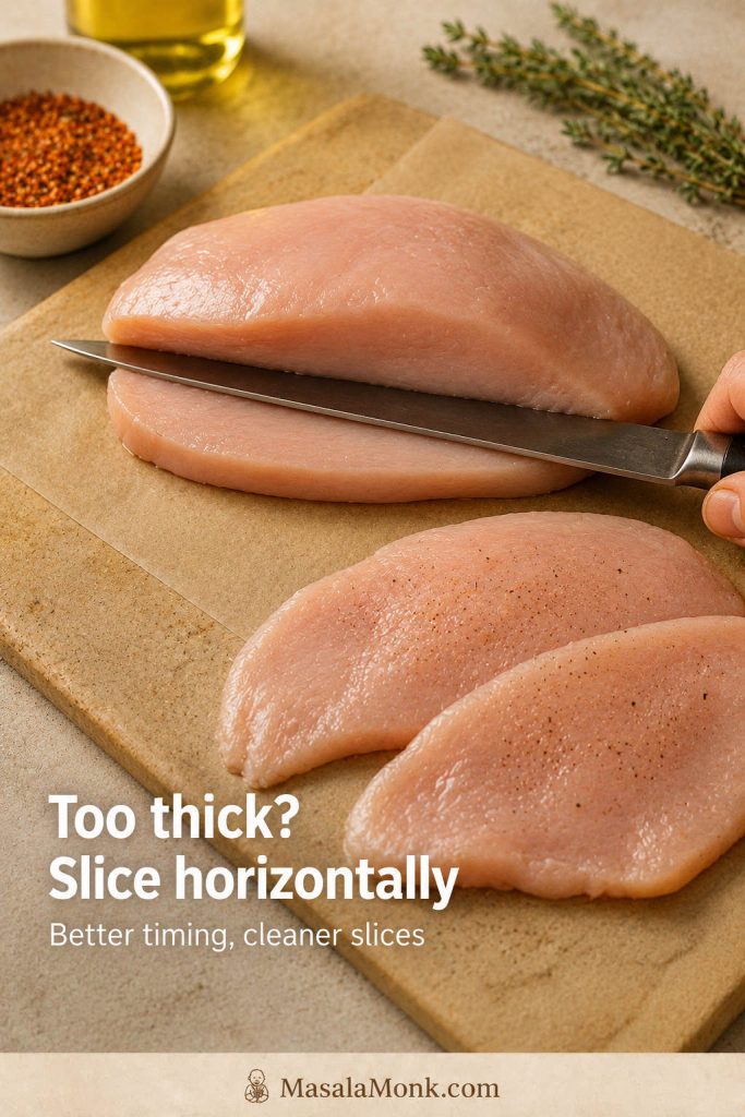 Extra-large raw chicken breast being sliced horizontally into thinner pieces before baking.