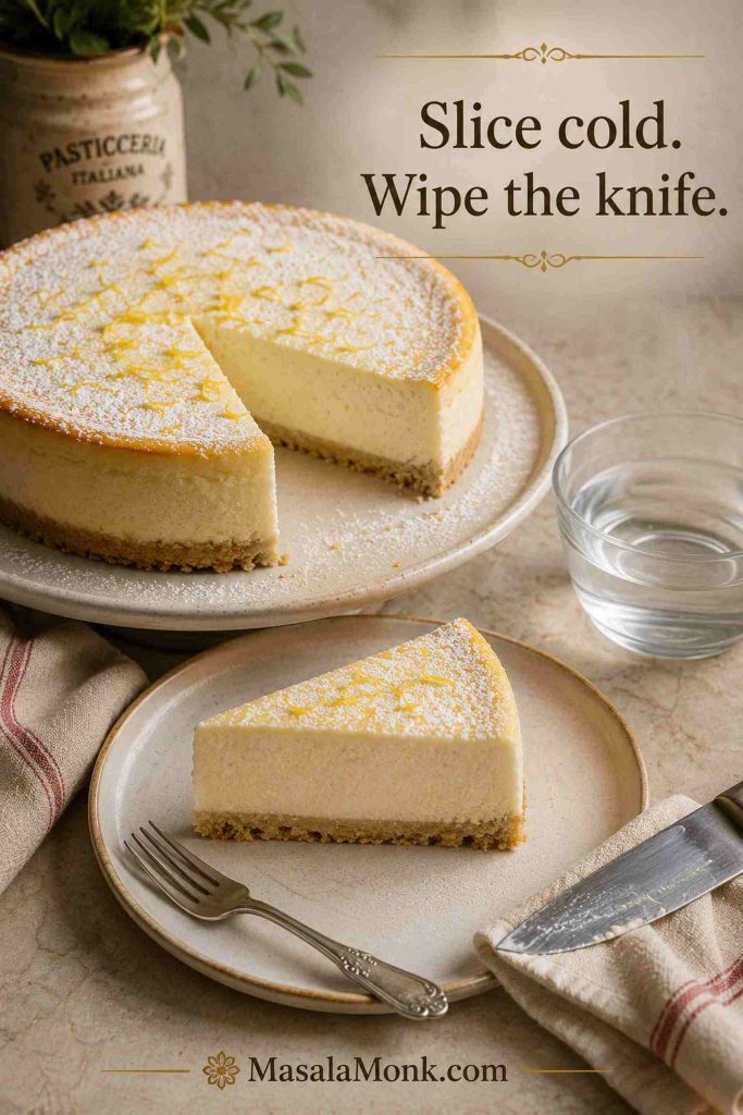 Ricotta cheesecake with a clean slice removed, knife, towel, and water glass for wiping the blade