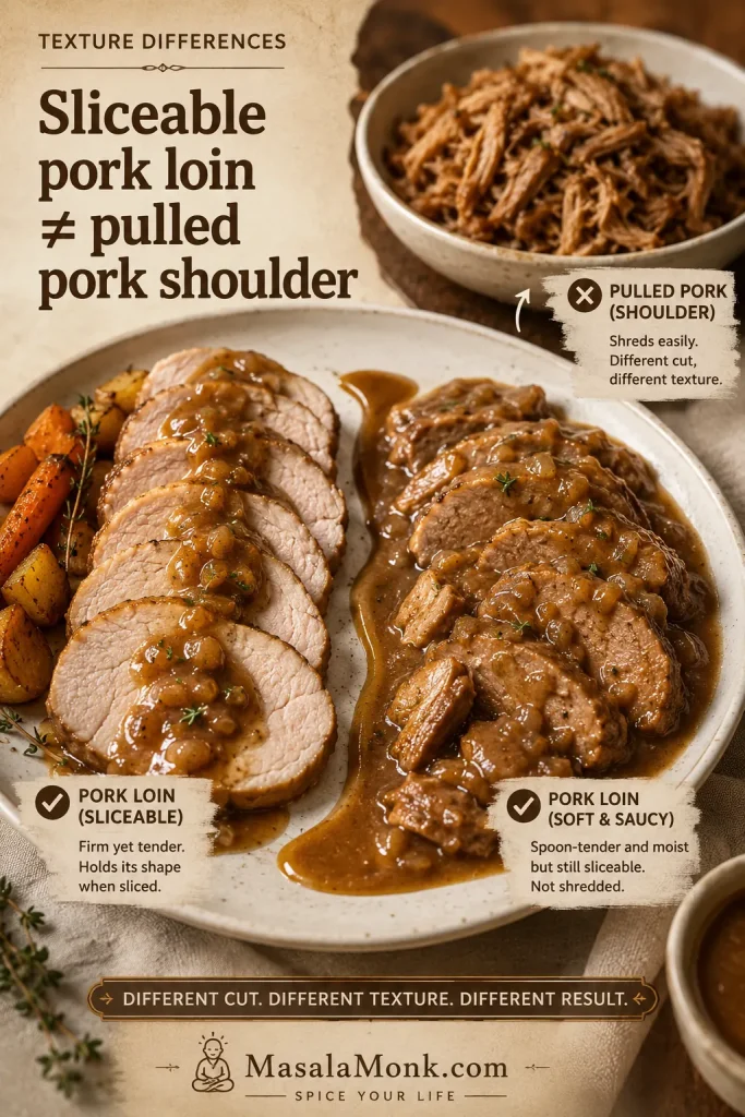 Plate comparing sliceable pork loin, softer saucy pork loin, and pulled pork shoulder as different textures.