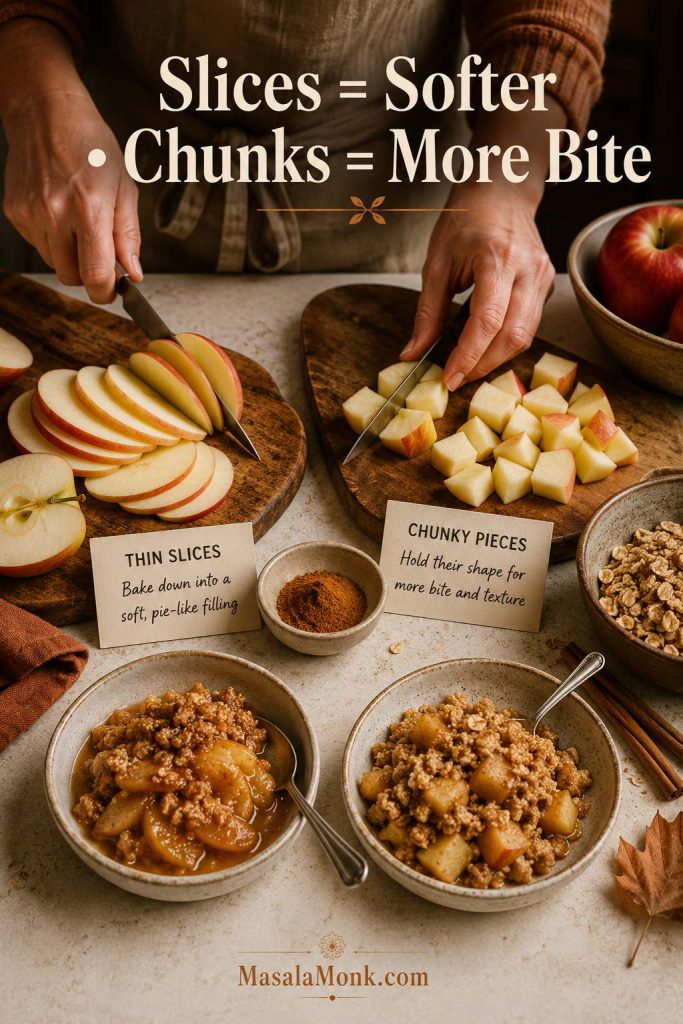 Hands preparing sliced and chopped apples for apple crisp with examples of softer and chunkier filling textures.