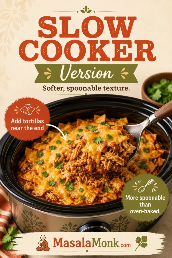 Slow cooker chicken enchilada casserole with saucy shredded chicken, tortilla pieces, melted cheese, cilantro, and a spoonful being served.