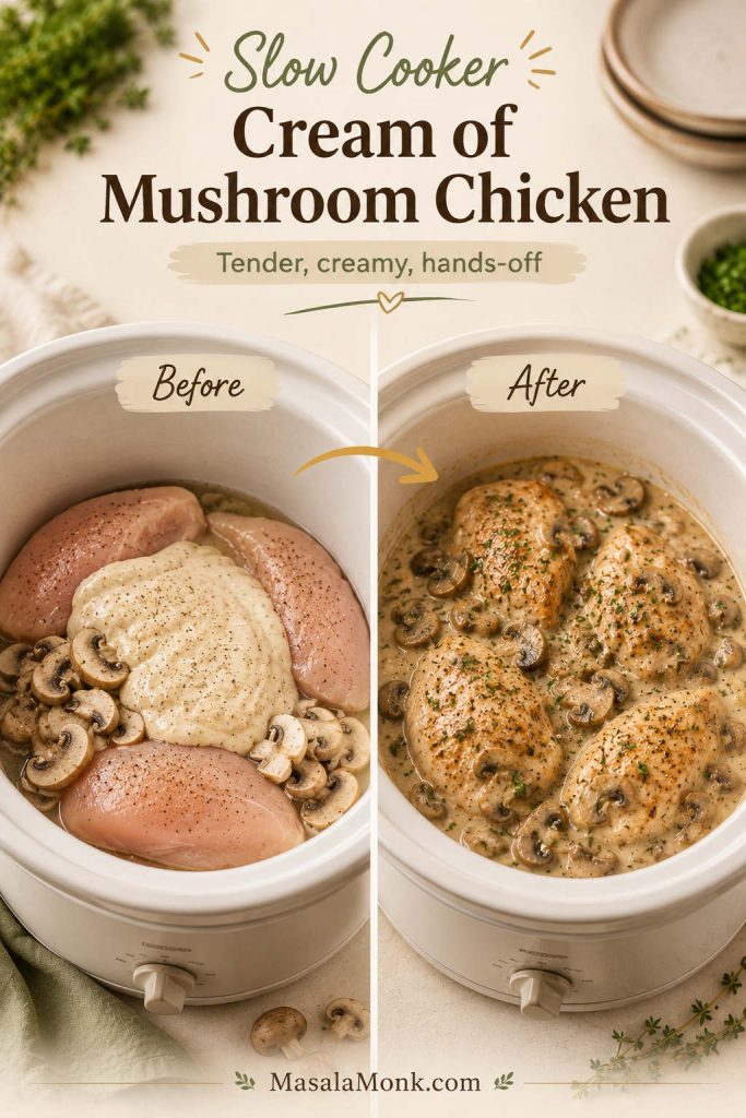 Slow cooker cream of mushroom chicken before and after cooking, with chicken, mushrooms, condensed soup, and creamy finished sauce.