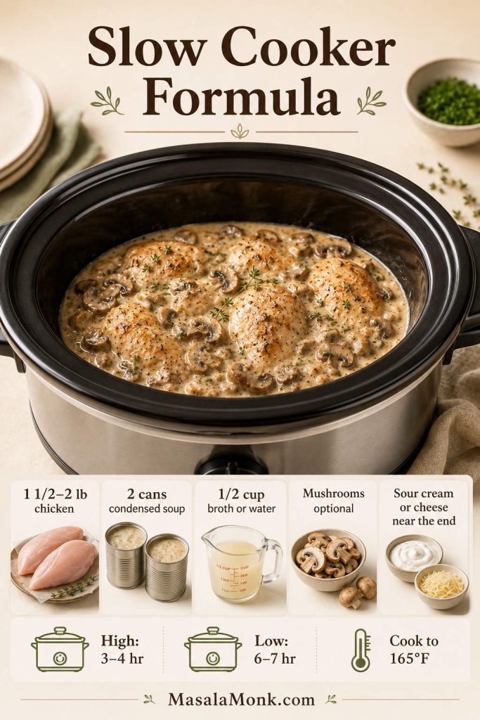 Slow cooker formula board for cream of mushroom chicken with chicken, condensed soup, broth or water, timing, and temperature.