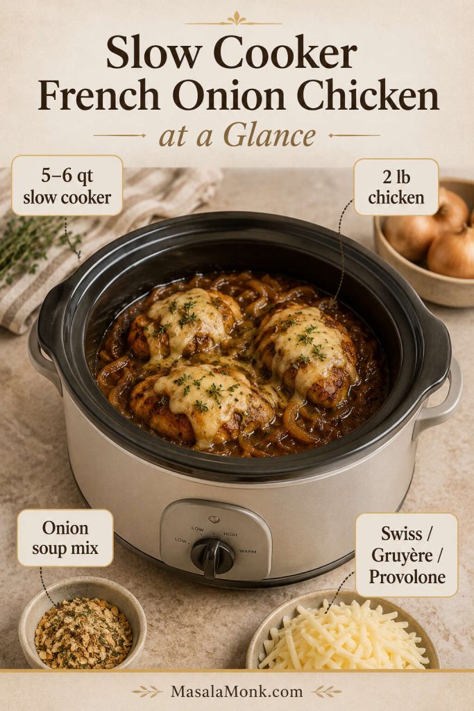 At-a-glance guide for slow cooker French onion chicken showing slow cooker size, chicken amount, onion soup mix, and cheese options.