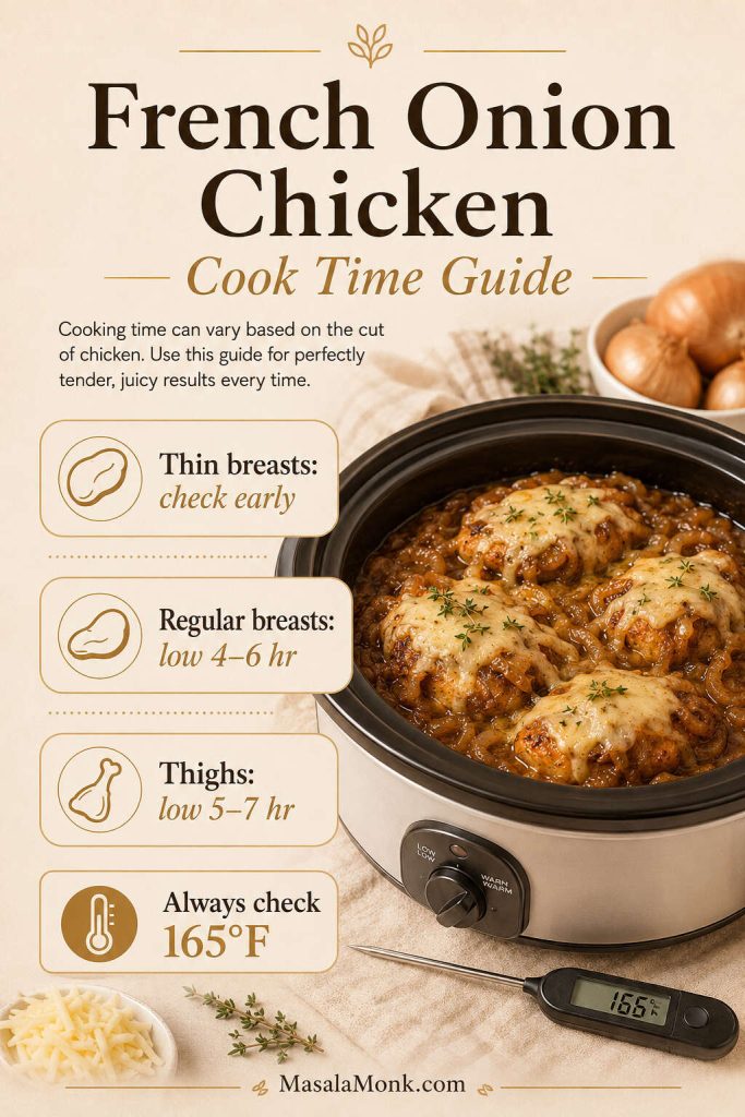 French onion chicken cook time guide showing thin breasts, regular breasts, thighs, and 165°F doneness.