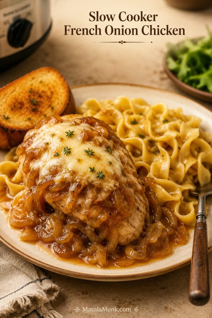 Finished slow cooker French onion chicken served over egg noodles with melted cheese, onion gravy, and toasted bread nearby.