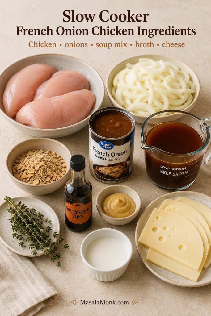 Ingredients for slow cooker French onion chicken including chicken, sliced onions, onion soup mix, broth, thyme, cheese, and cornstarch slurry.