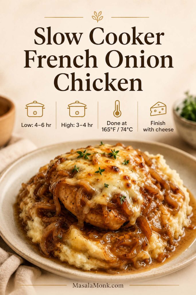 Quick answer guide for slow cooker French onion chicken with low and high cook times, 165°F doneness, and cheese finish note.