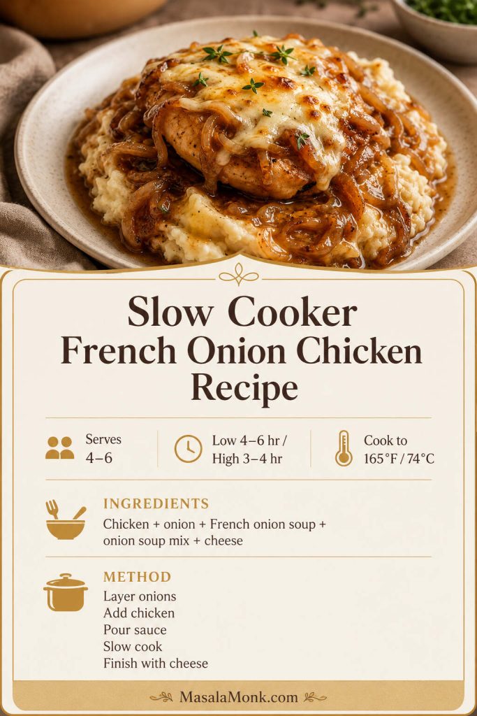 Saveable slow cooker French onion chicken recipe card with servings, cook time, main ingredients, method, and 165°F doneness cue.