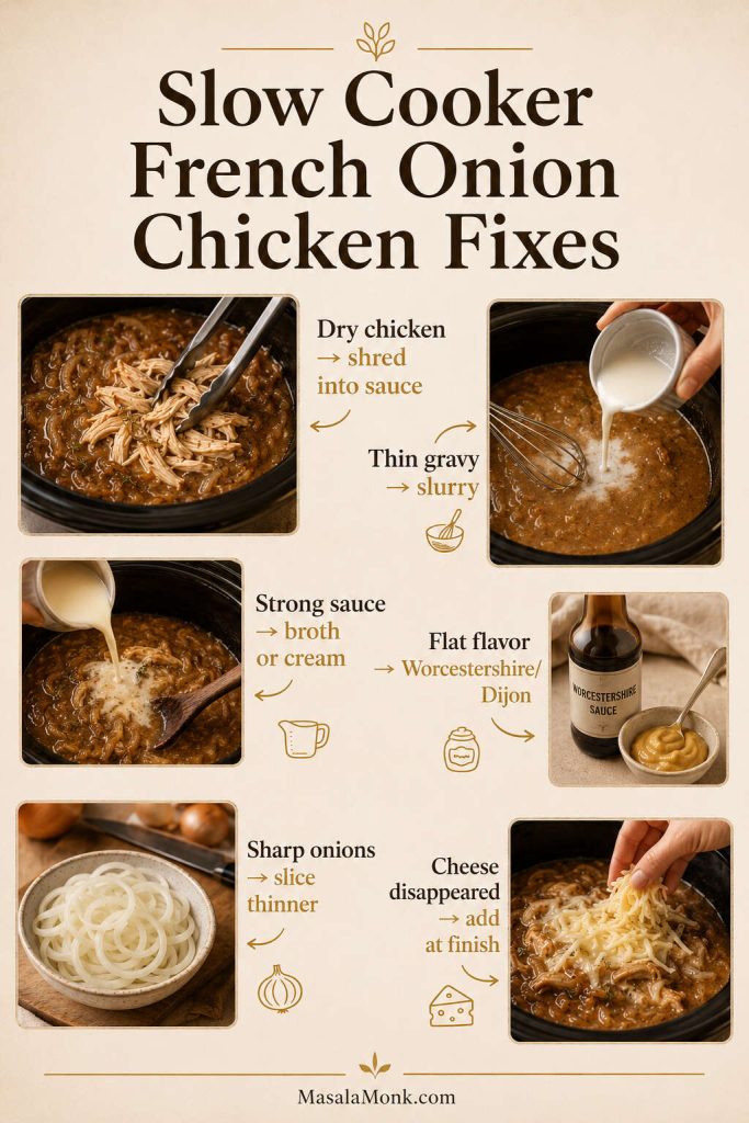 Troubleshooting board for slow cooker French onion chicken with fixes for dry chicken, thin gravy, strong sauce, flat flavor, sharp onions, and disappeared cheese.