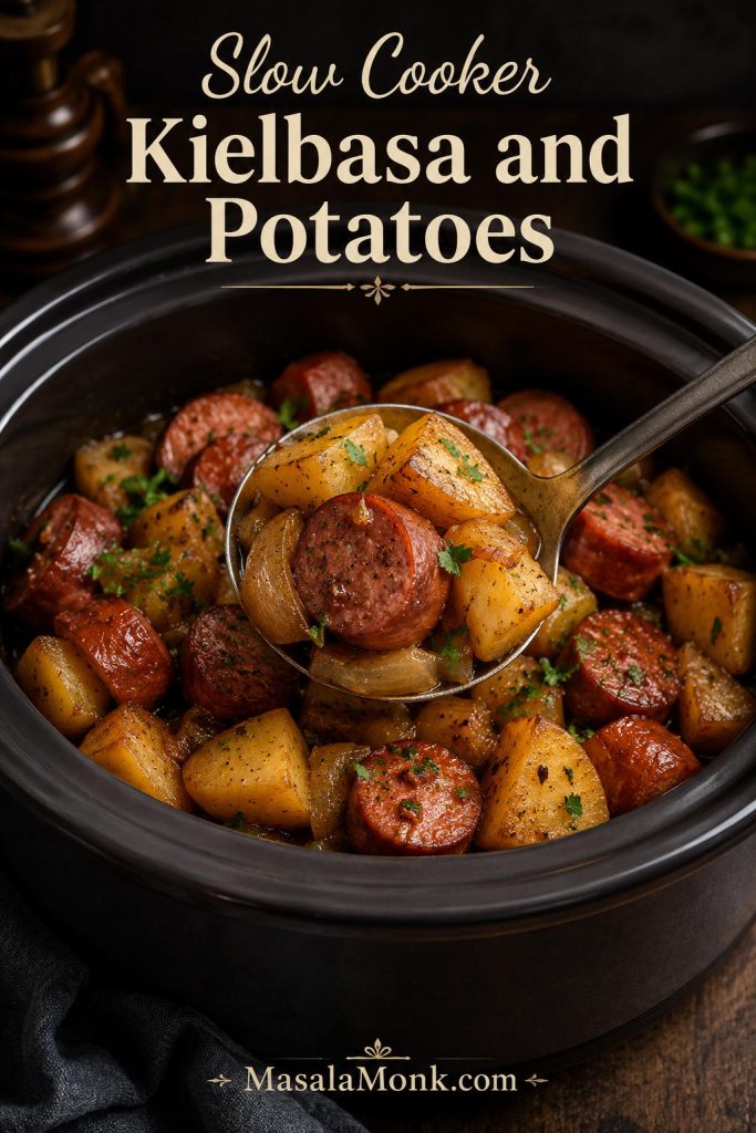 Slow cooker filled with tender potatoes and kielbasa, with a spoon lifting a soft serving.