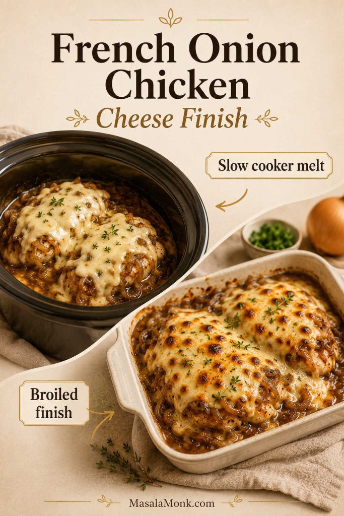 French onion chicken cheese finish comparison showing slow cooker melted cheese and browned broiled cheese.