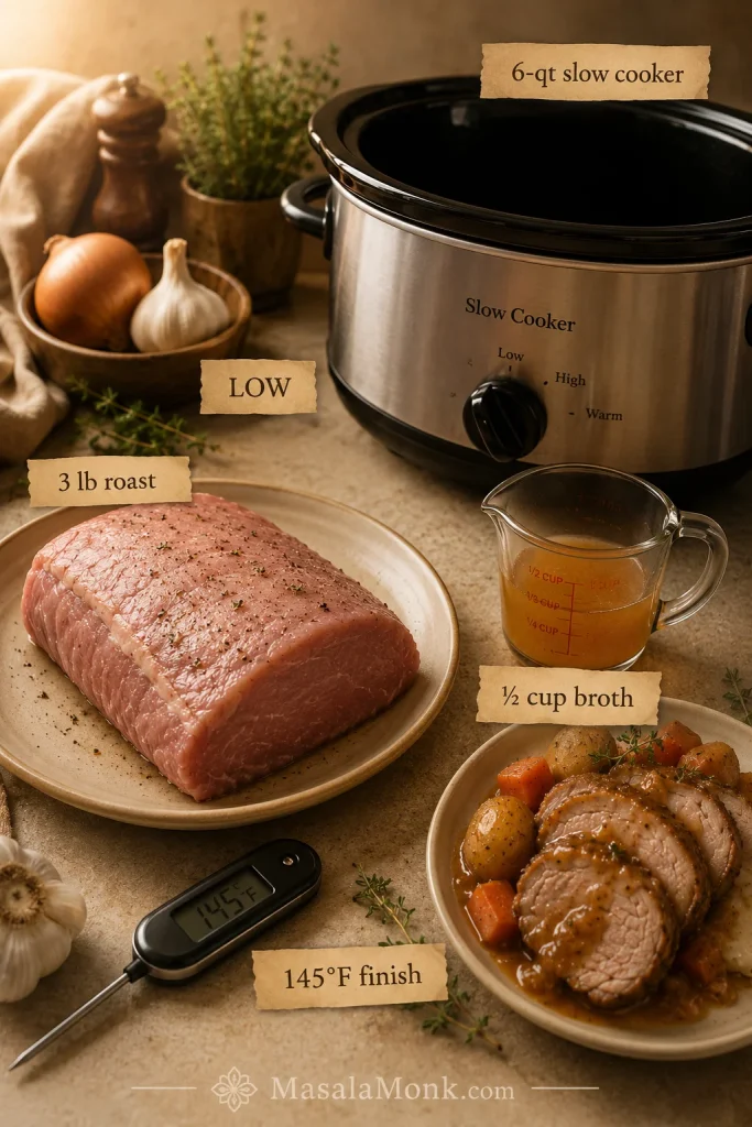 At-a-glance setup for slow cooker pork loin with a 3 lb roast, 6-quart slow cooker, 1/2 cup broth, LOW setting, and 145°F finish.