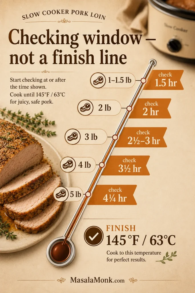 Cook time chart for slow cooker pork loin showing roast sizes, start-checking times, and a 145°F finish temperature.