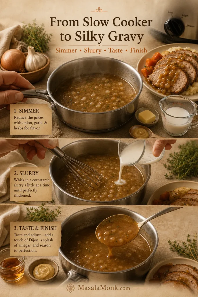 Slow cooker pork loin juices being simmered, thickened with cornstarch slurry, tasted, and finished into glossy gravy.