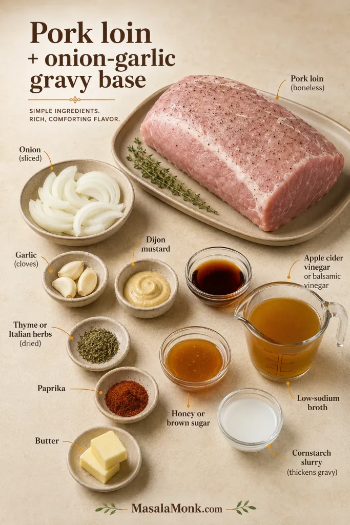 Ingredients for slow cooker pork loin including raw pork loin roast, onions, garlic, broth, Dijon, vinegar, herbs, paprika, butter, and cornstarch slurry.