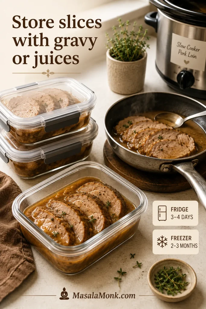 Sliced pork loin stored in containers with gravy and reheated gently in a pan with cooking juices.